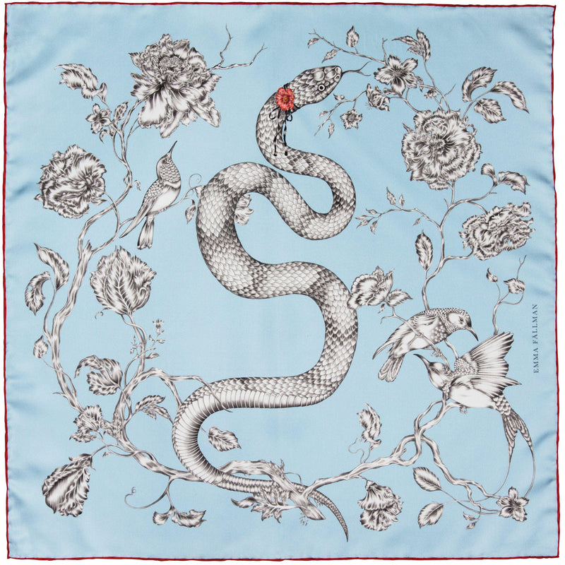 Silk Scarf Snake Print Scarves Totem Snake Mini Silk Scarf Light Blue